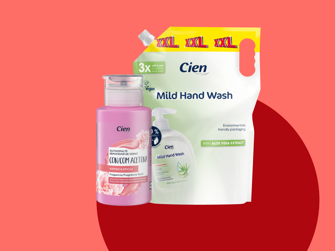 Produtos Cien: sabonete líquido para mãos e removedor de esmalte.