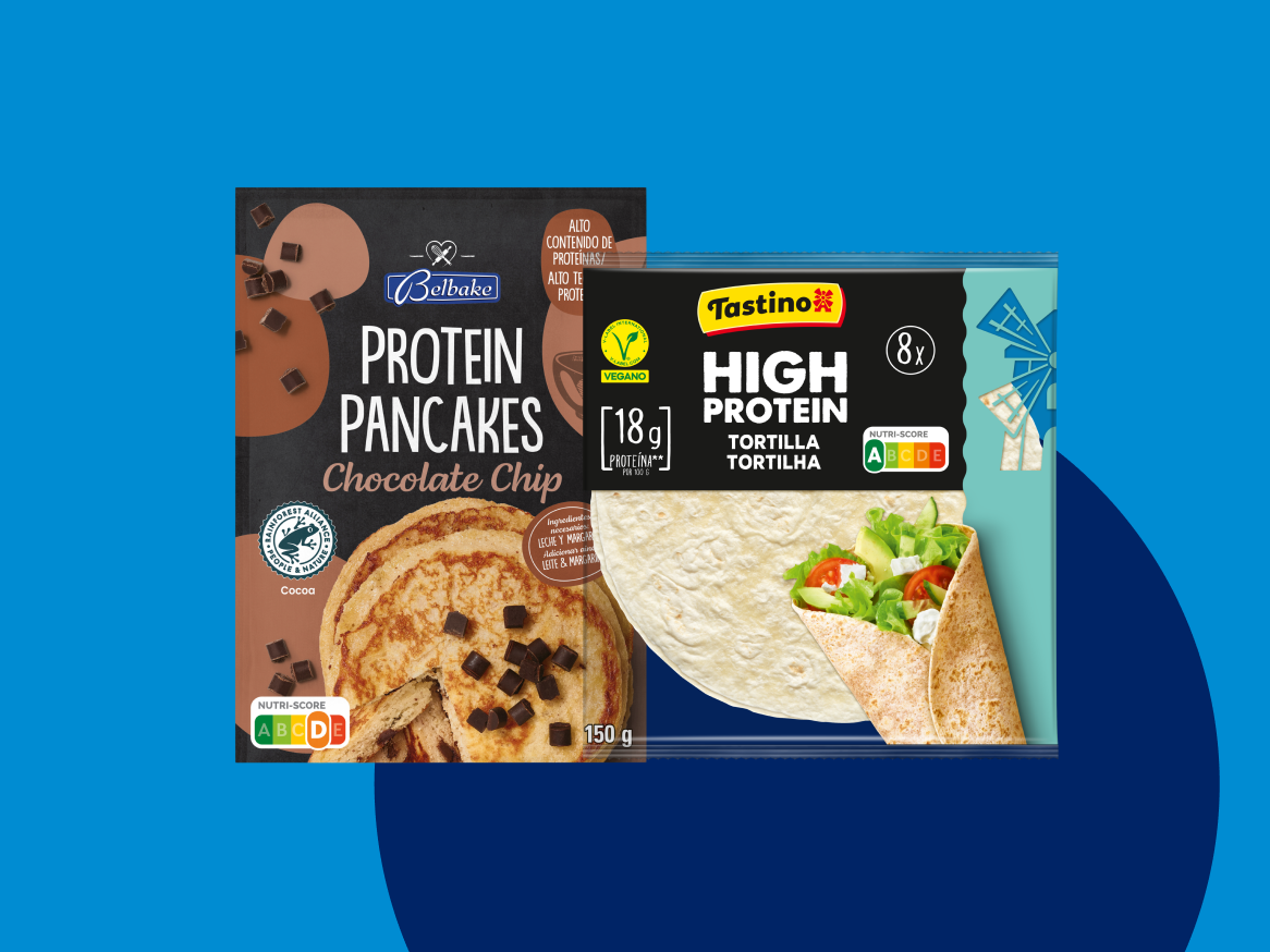 Panquecas de proteína Belbake e tortilhas de proteína alta Tastino.