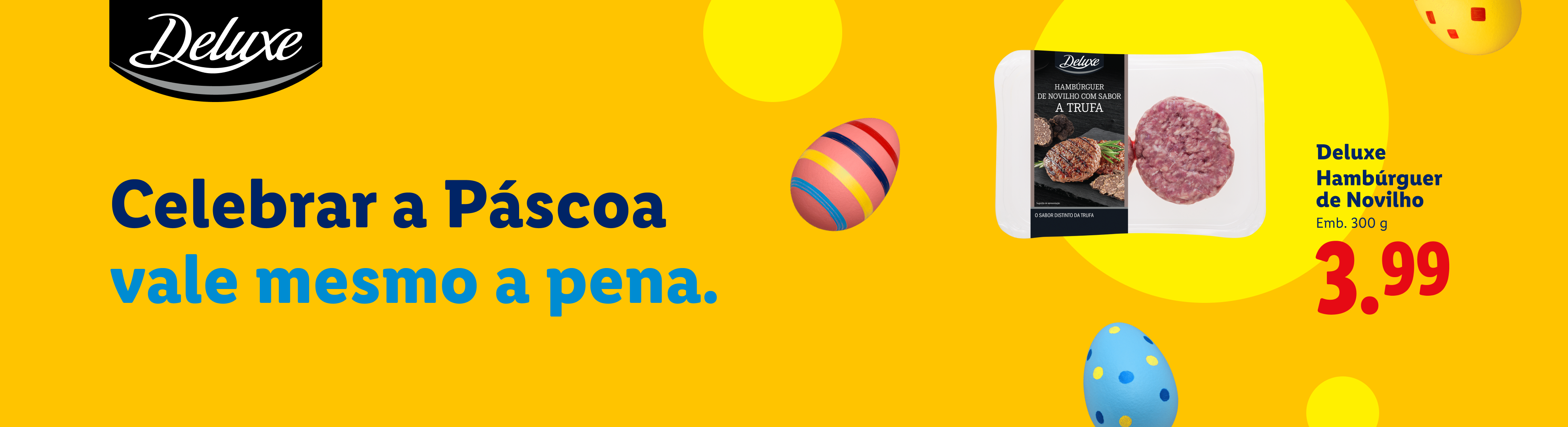 Hambúrguer de novilho com sabor a trufa, embalagem de 300g, por 3,99€, com o tema de Páscoa.