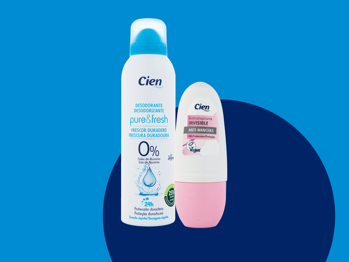Desodorantes Cien: spray Pure&Fresh e roll-on Invisible anti-manchas, ambos veganos.