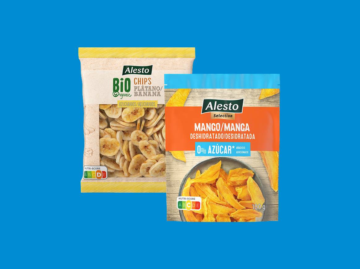 Sacos de batatas fritas de banana orgânica Alesto Bio e manga desidratada Alesto Selection.