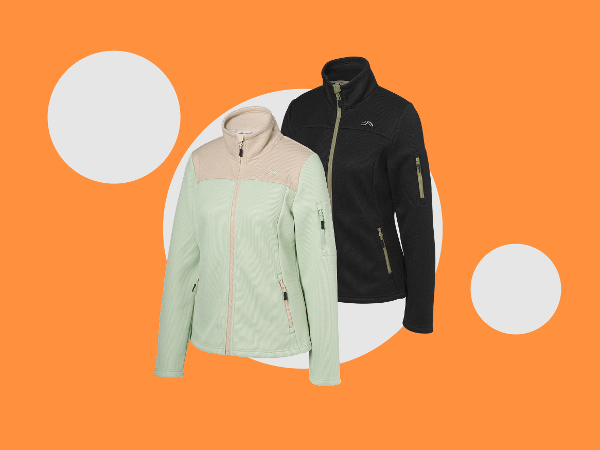 Duas camisolas polares de mulher, uma verde-clara e outra preta, com fecho de correr.