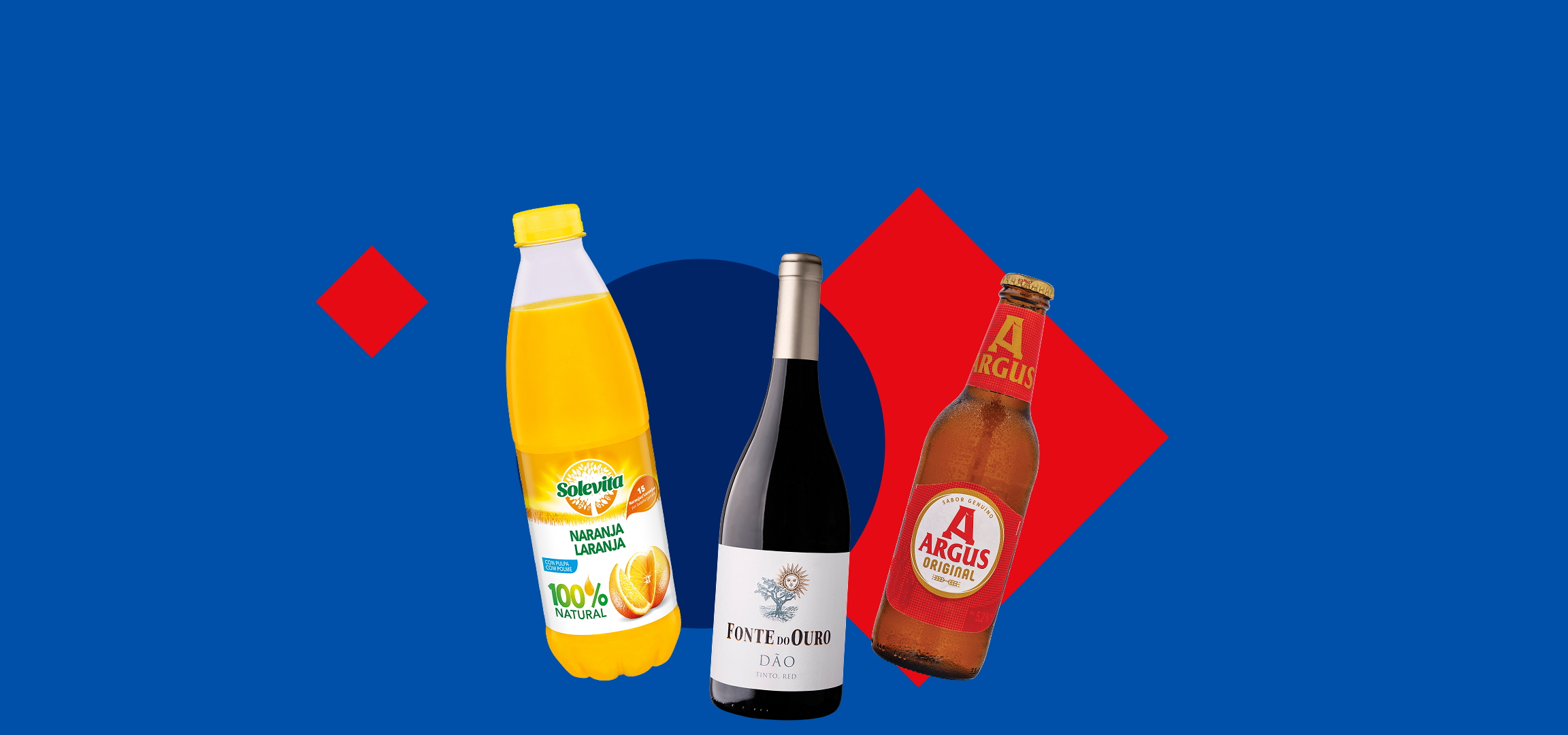 Garrafa de sumo de laranja Solevita, garrafa de vinho Fonte do Ouro e garrafa de cerveja Argus.