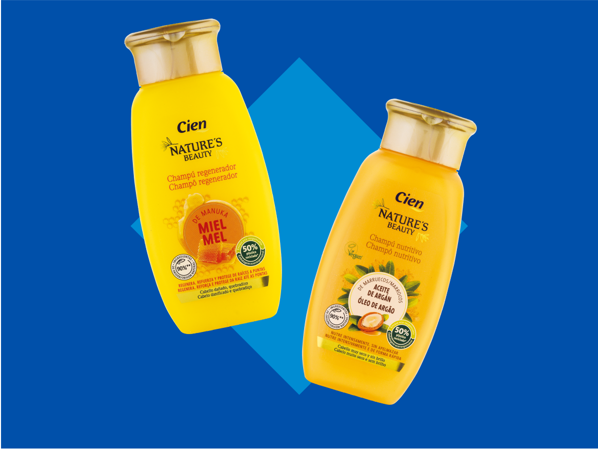 Dois frascos de shampoo Cien Nature's Beauty, um de mel e outro de óleo de argão.