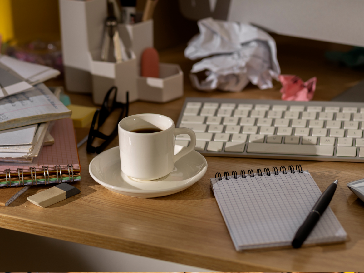 Uma xícara de café em uma mesa de escritório com teclado, caderno e materiais de papelaria.