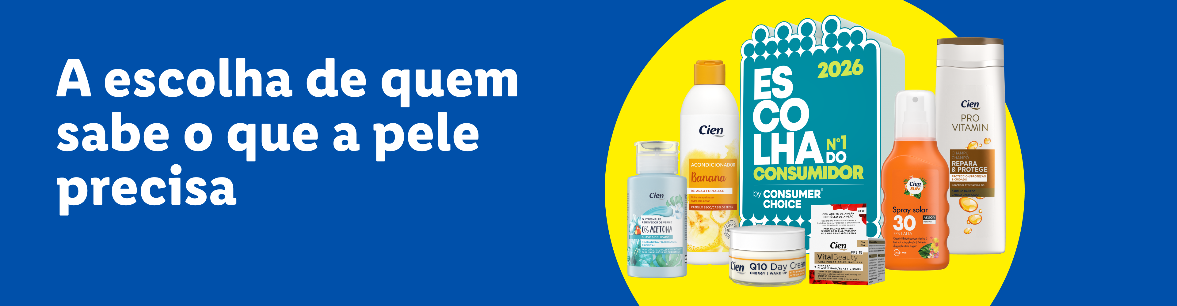 Uma seleção de produtos de cuidado pessoal, incluindo champô, condicionador, creme facial e protetor solar, com o selo 'Escolha do Consumidor 2026'.