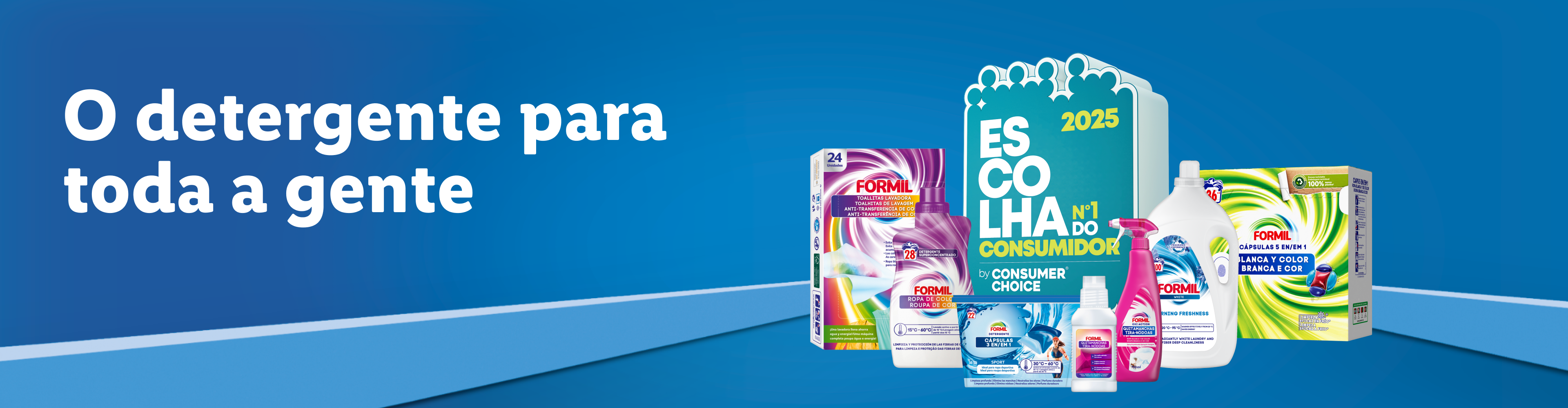 Vários produtos de detergente Formil, incluindo cápsulas, líquido e toalhitas, com o selo 'Escolha do Consumidor 2025'.