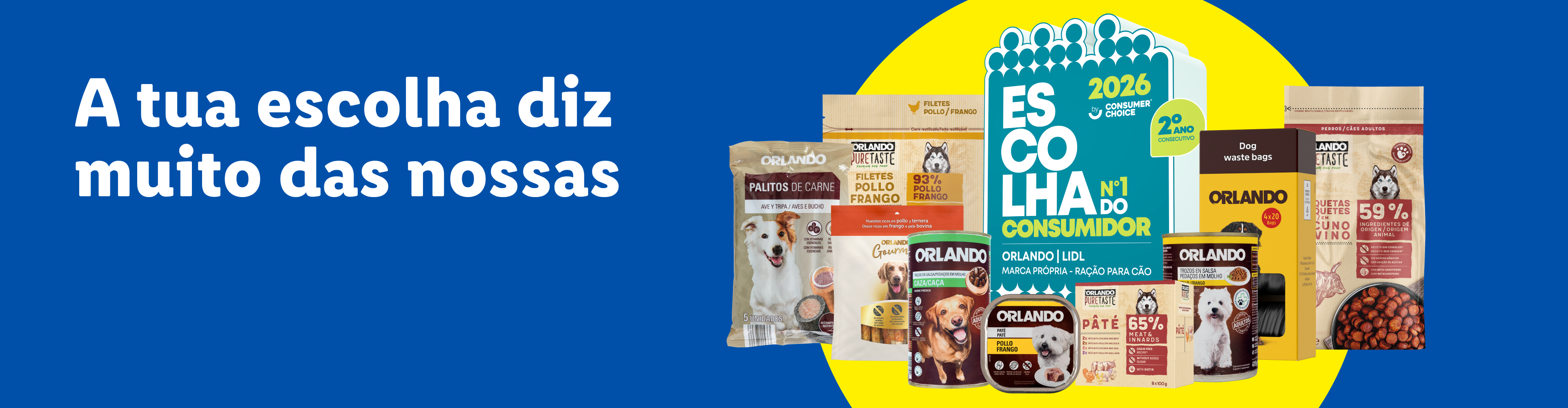 Orlando, marca exclusiva do Lidl, eleita Escolha do Consumidor 2026, com ração, patê e snacks para cães.