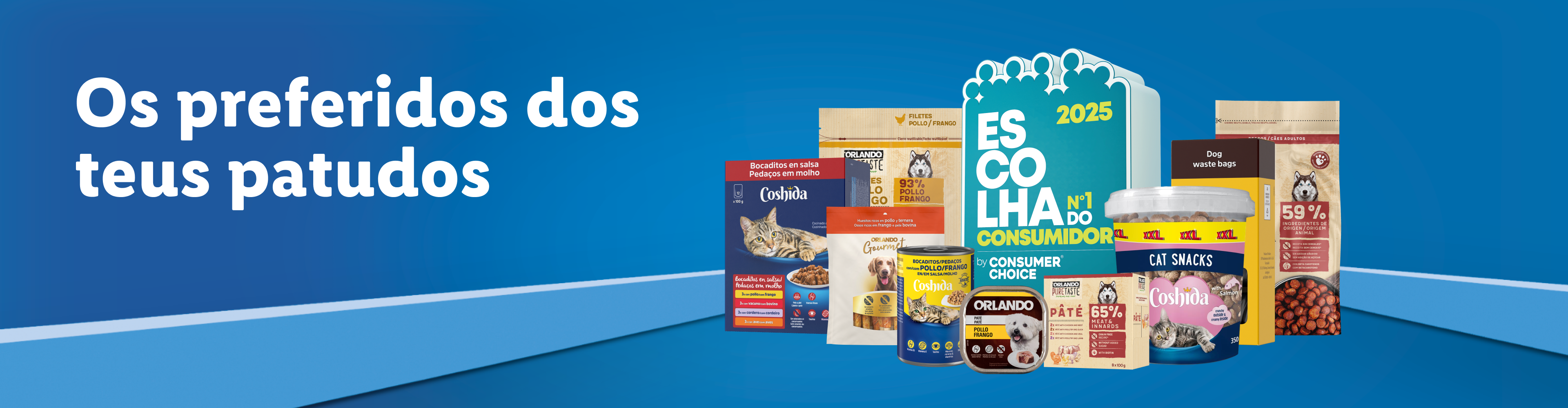 Variedade de produtos para animais de estimação Coshida e Orlando, incluindo ração, patê e snacks.