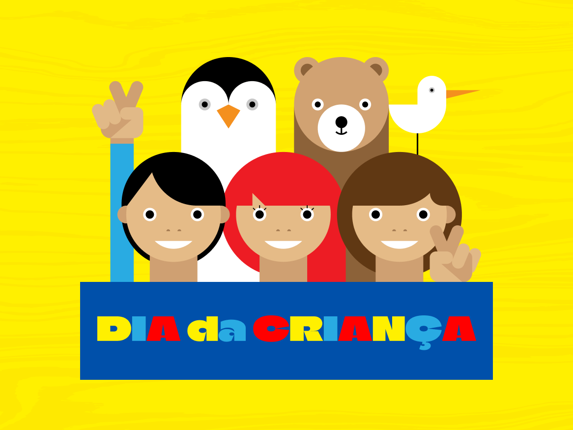 Crianças, pinguim, urso e pássaro celebram o Dia das Crianças.