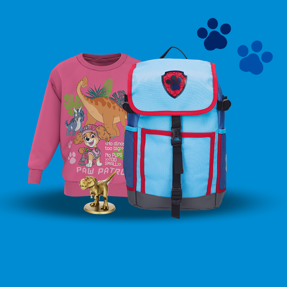 Camisola rosa de dinossauros e mochila azul com emblema, com texto 'PAW PATROL'.