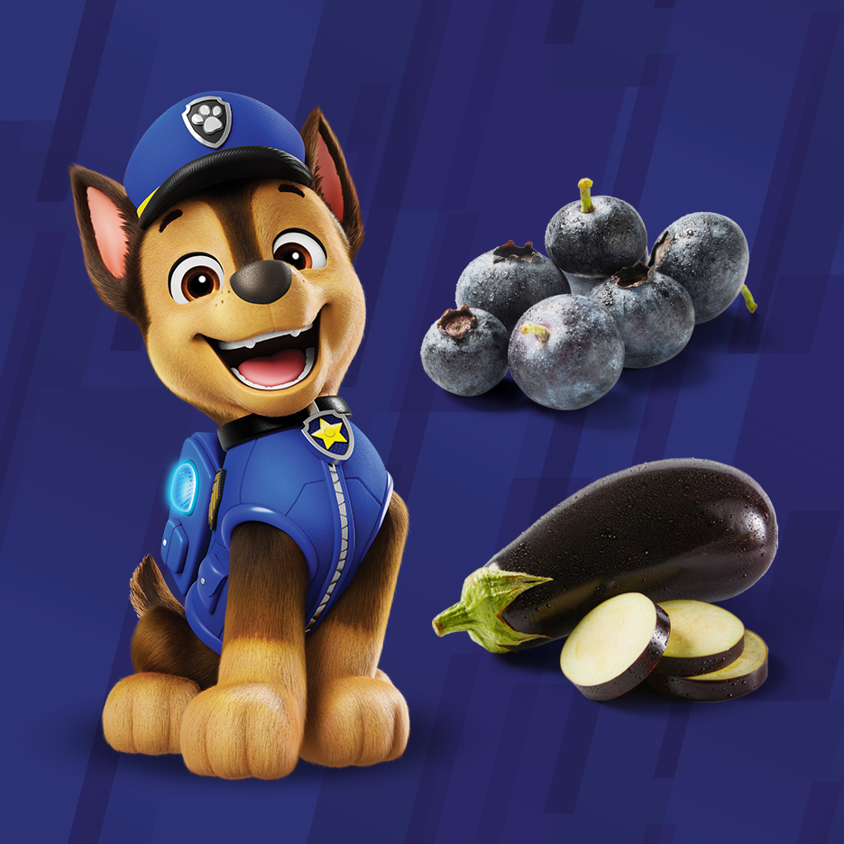 Cão de desenho animado em uniforme de polícia, mirtilos e beringela em fundo azul.