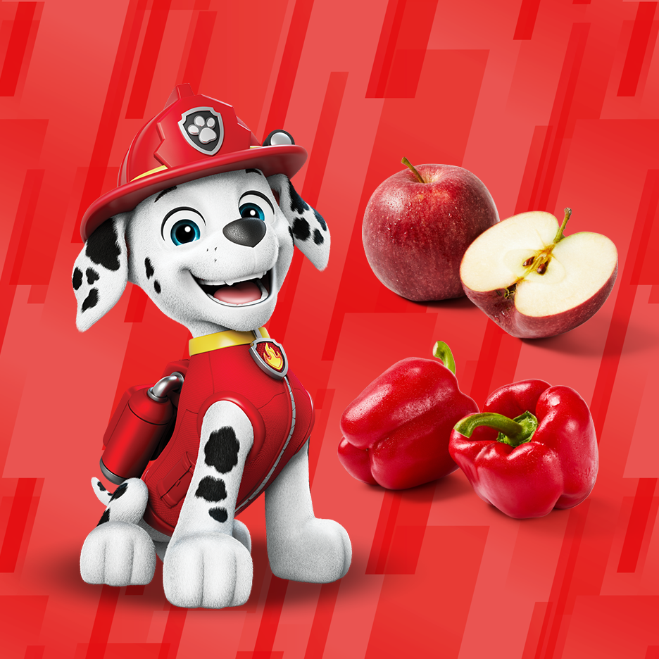 Marshall da Patrulha Pata com maçãs e pimentos vermelhos num fundo vermelho.