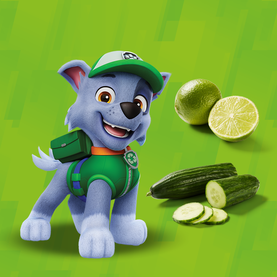 Cão de desenho animado com limas verdes e pepinos num fundo verde.