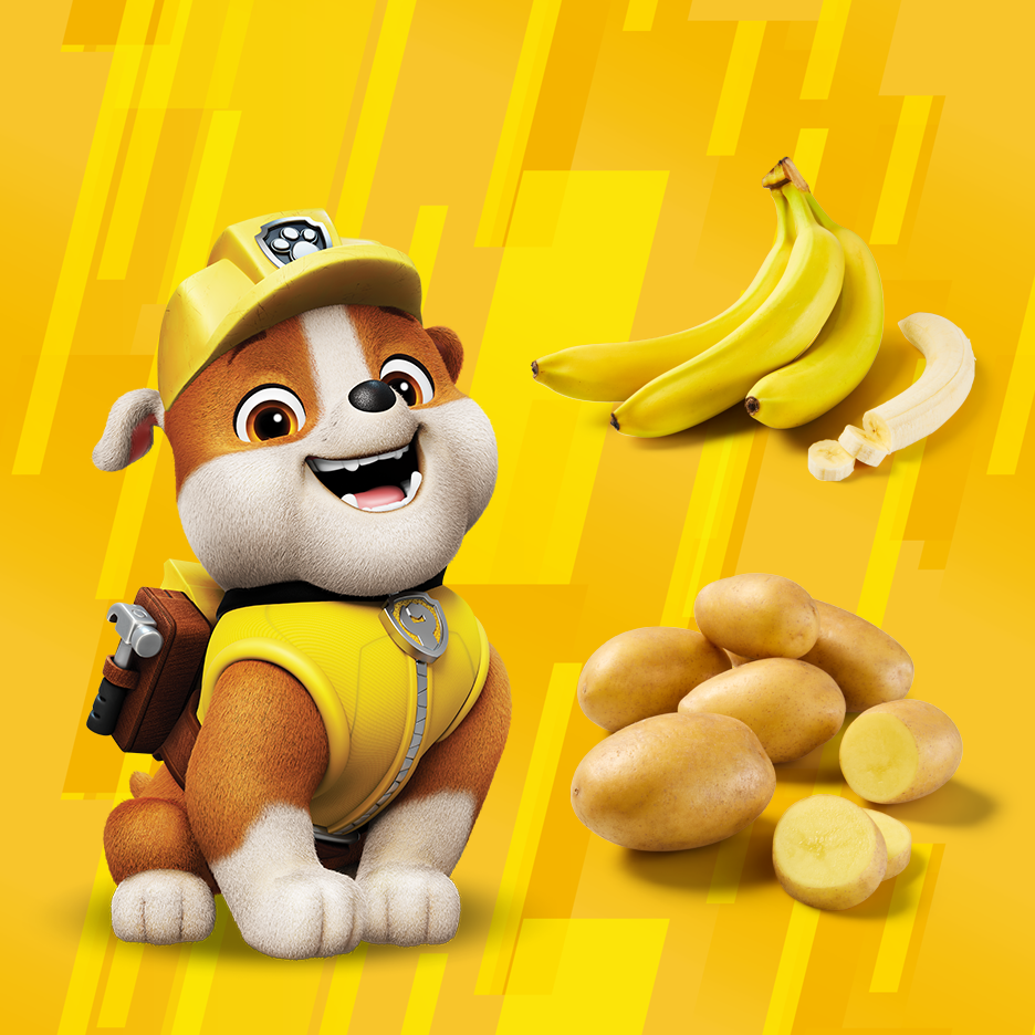 Cachorro de desenho animado com bananas e batatas em fundo amarelo.