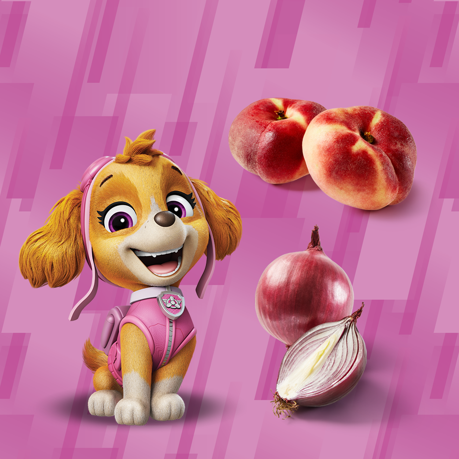 Skye da Patrulha Pata com pêssegos e cebolas roxas num fundo rosa.