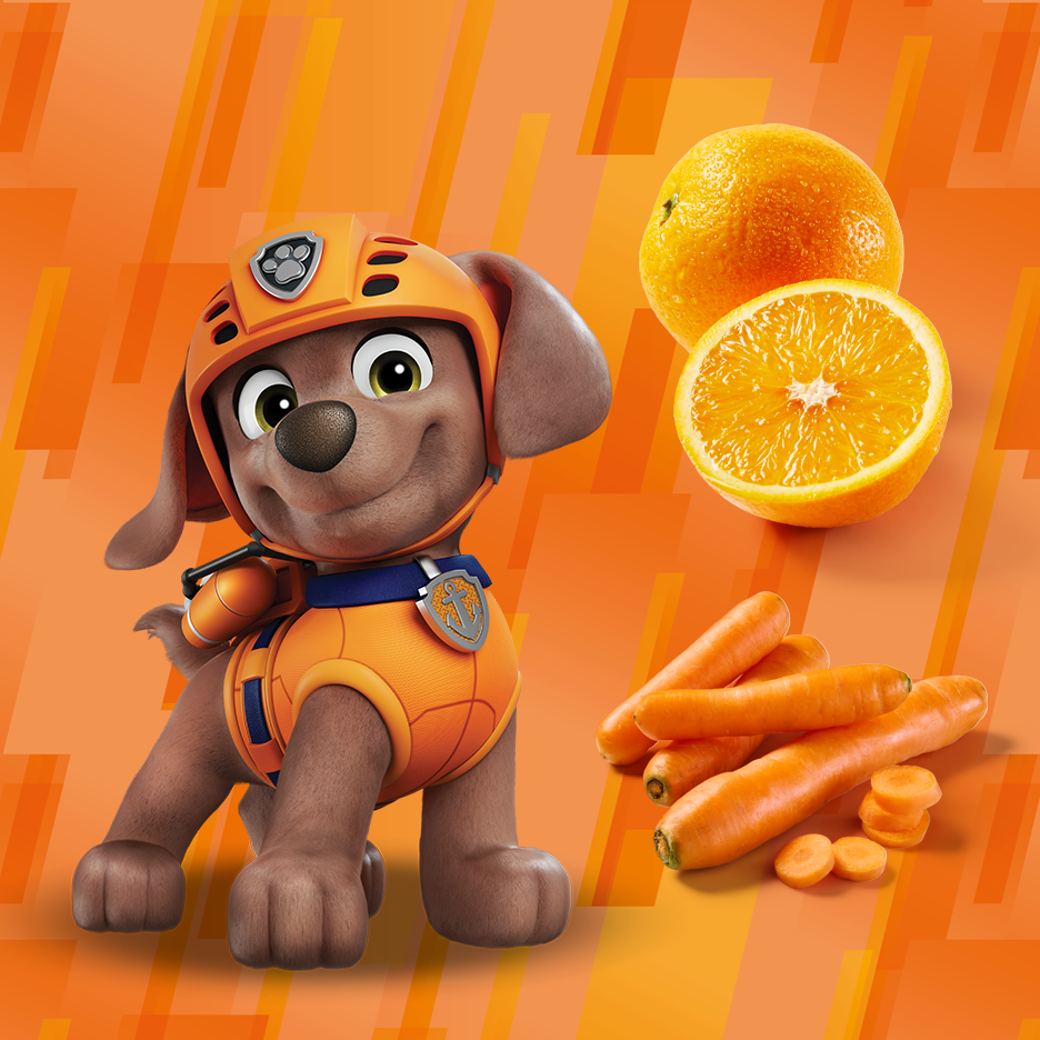 Cachorro de desenho animado com laranjas e cenouras em fundo laranja.