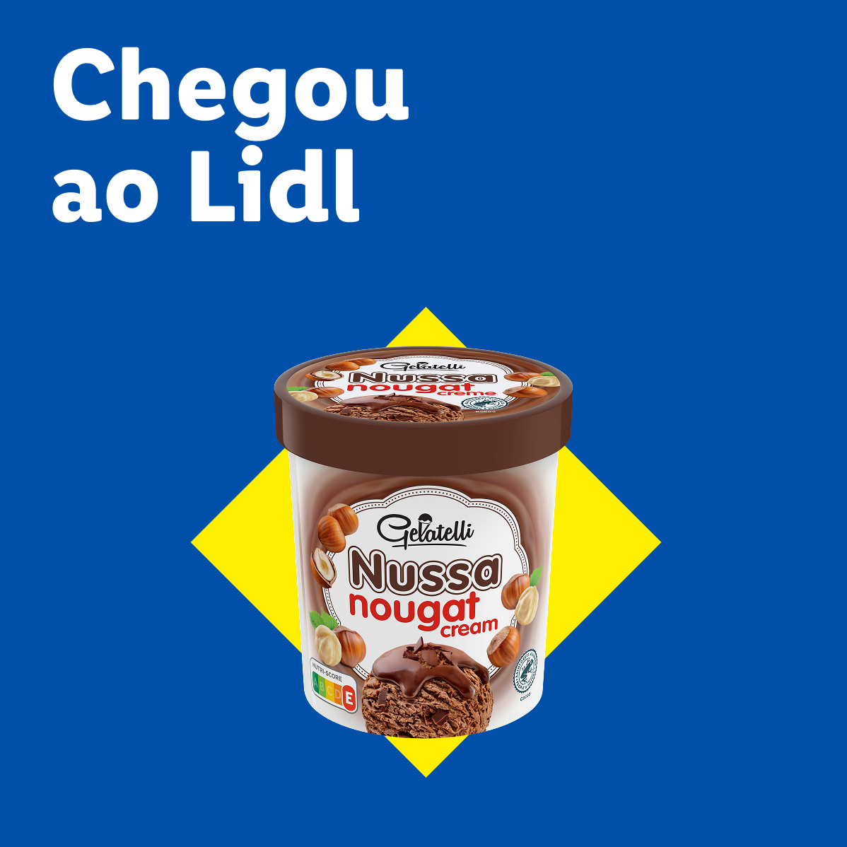 Gelado de nougat de avelã em embalagem, com texto 'Chegou ao Lidl'.
