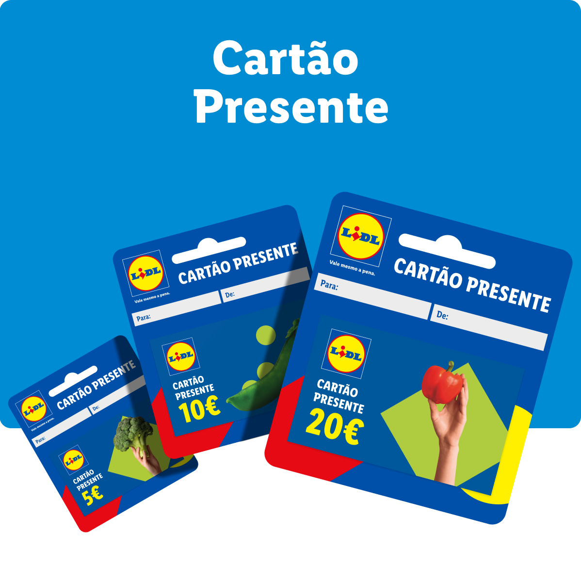 Três cartões presente de 5€, 10€ e 20€ com o texto 'Cartão Presente'.