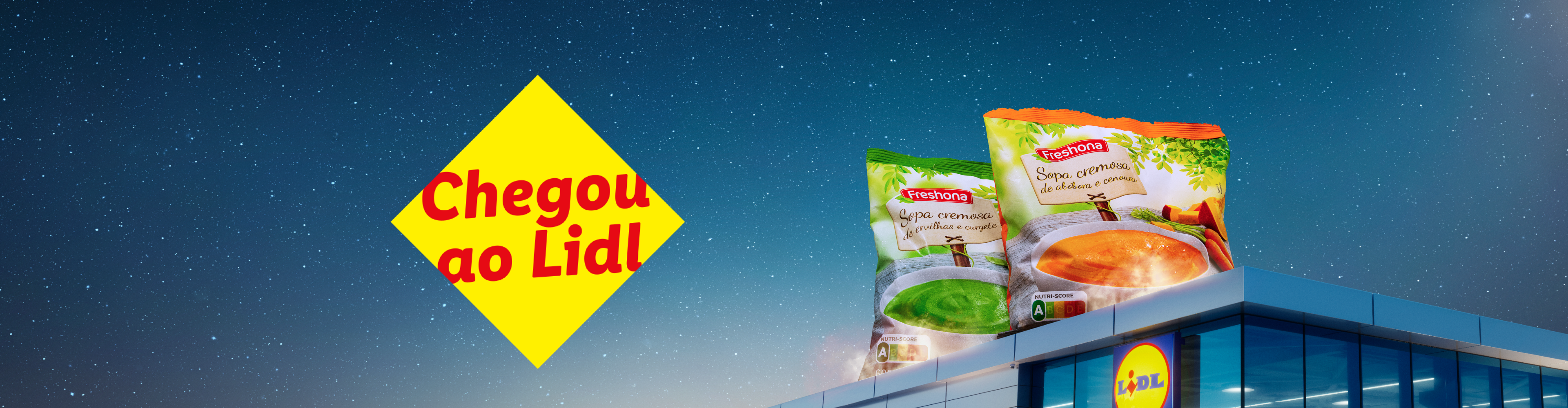 Sopas cremosas Freshoa de abóbora e cenoura e ervilhas e curgete chegaram ao Lidl.