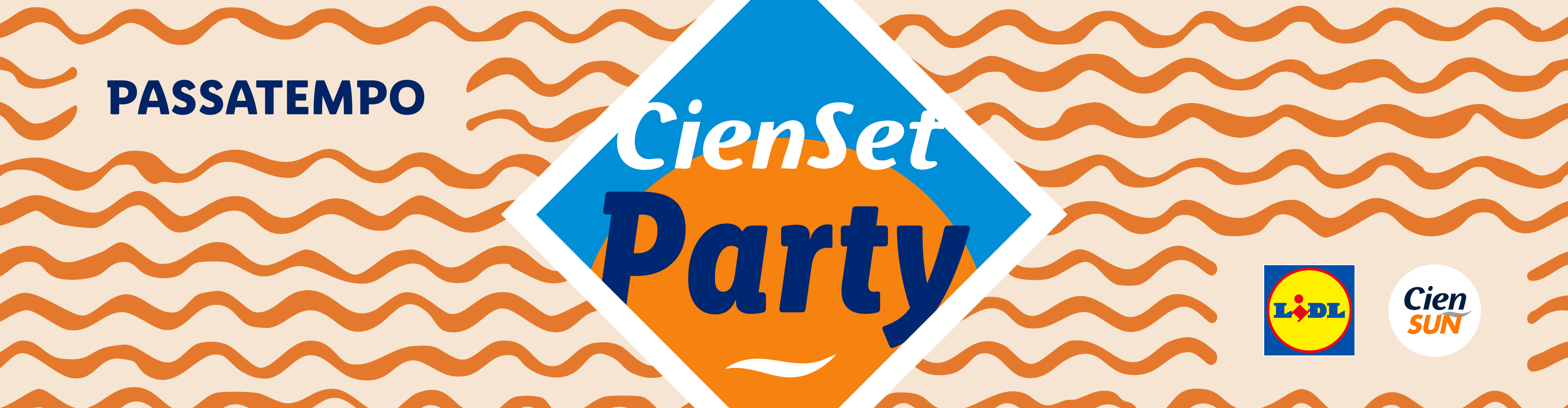 Anúncio da CienSet Party da Lidl, com fundo de ondas e cores vibrantes.