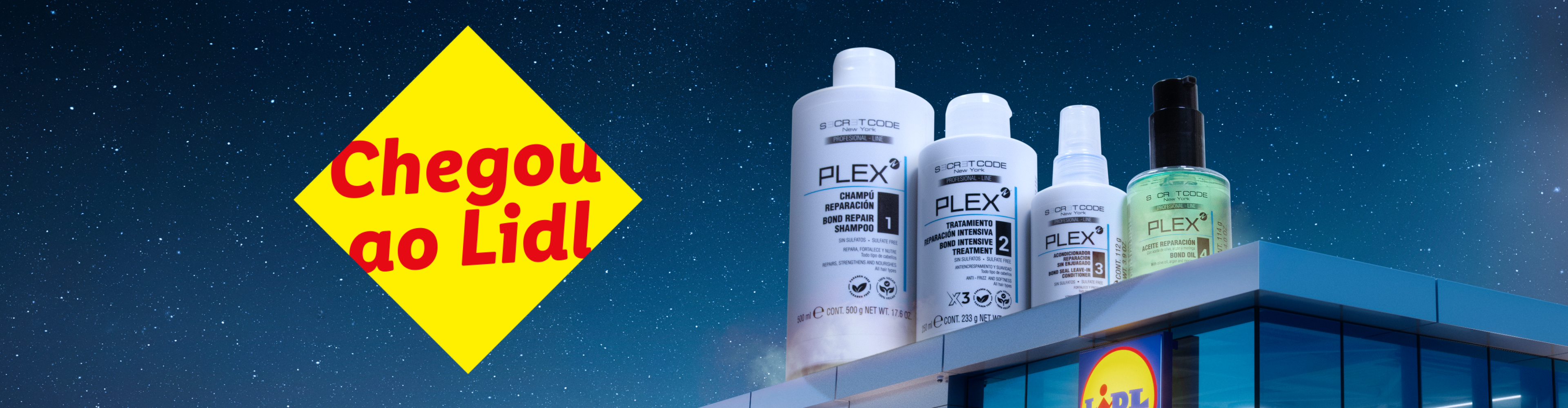 Produtos de cabelo Secret Code Plex em frente a uma loja Lidl, com a frase 'Chegou ao Lidl'.