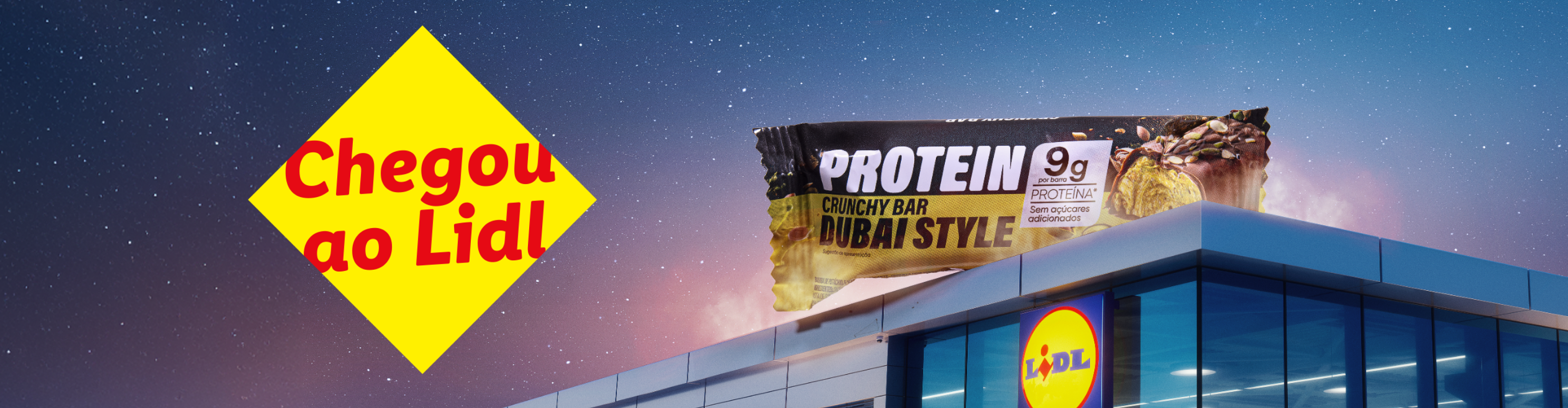 Barra de proteína Dubai Style no Lidl, com a mensagem 'Chegou ao Lidl'.