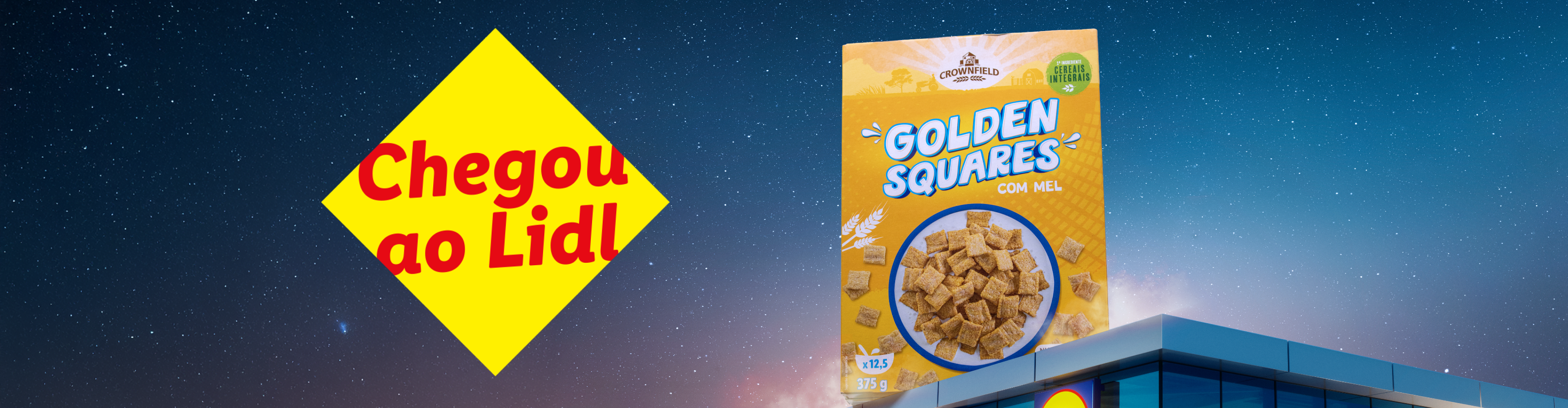 Cereais Crownfield Golden Squares com mel, anunciando 'Chegou ao Lidl' num fundo noturno.