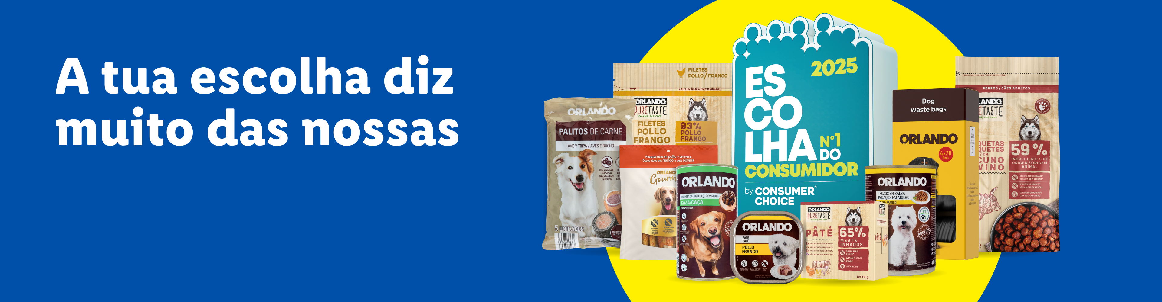 Uma variedade de produtos Orlando para animais de estimação, incluindo ração, patê e snacks, com o selo 'Escolha do Consumidor 2025'.