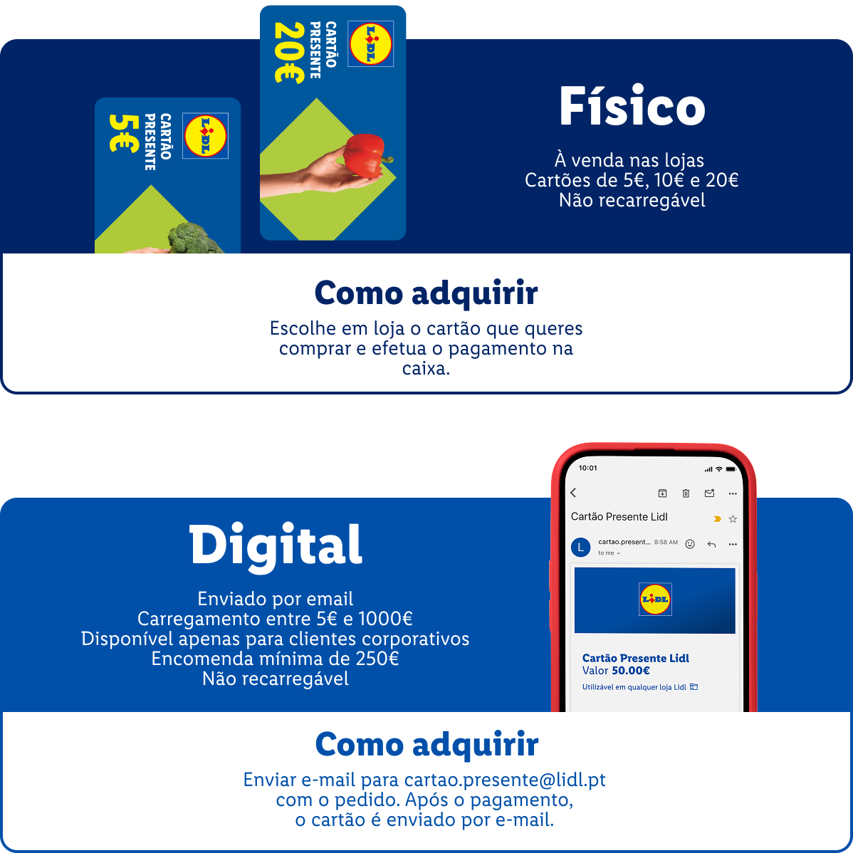 Cartões presente físicos de 5€, 10€ e 20€ e cartões presente digitais de 5€ a 1000€.