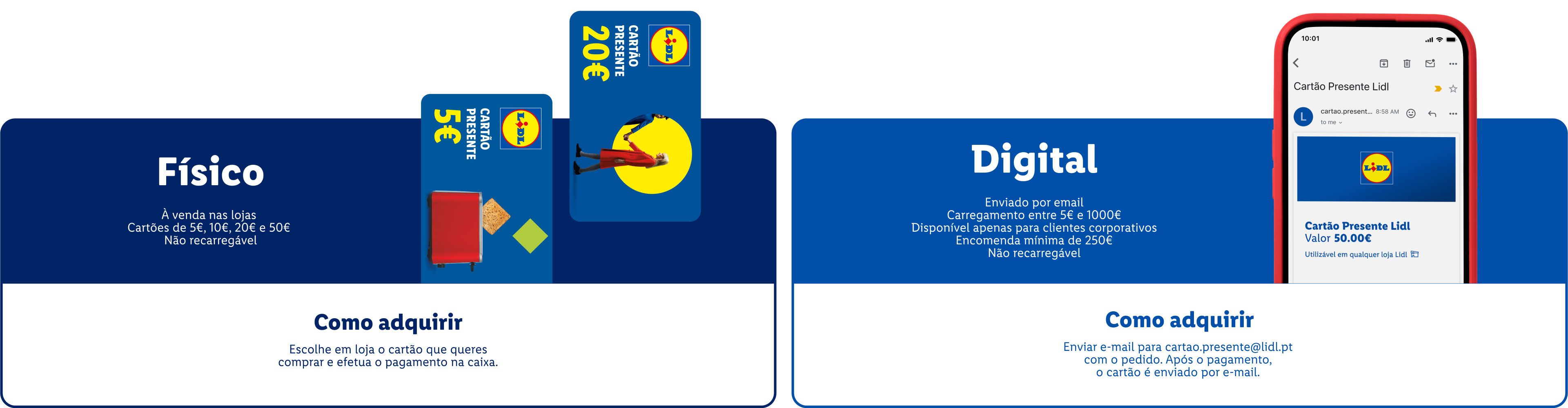 Cartões de oferta físicos e digitais, com instruções de compra e valores.