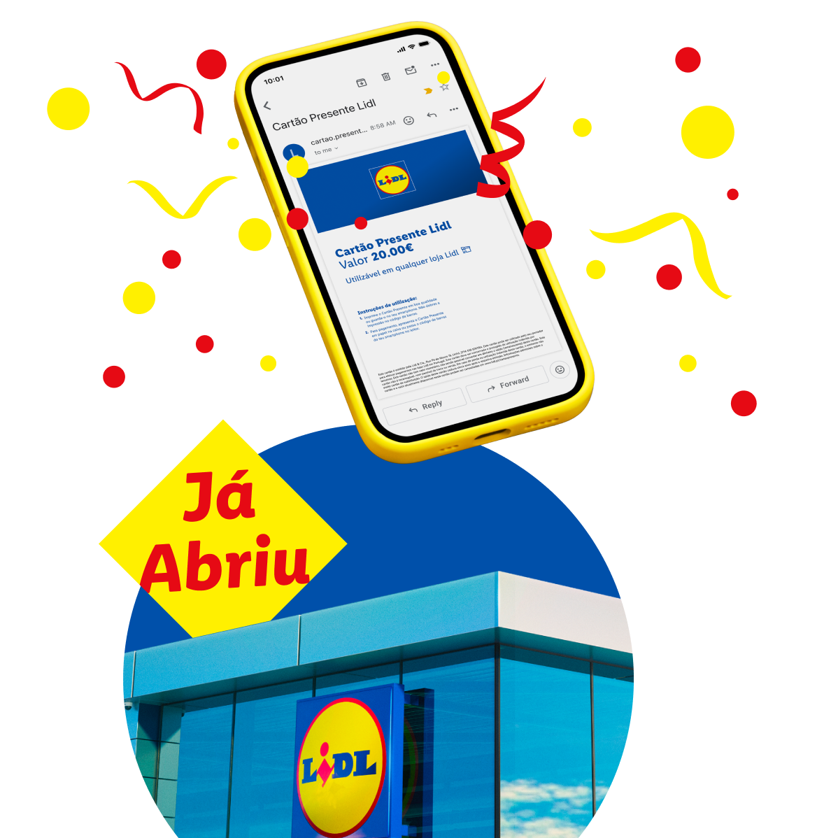 Um telemóvel exibe um cartão presente digital de 20€, com um supermercado ao fundo e confetes.