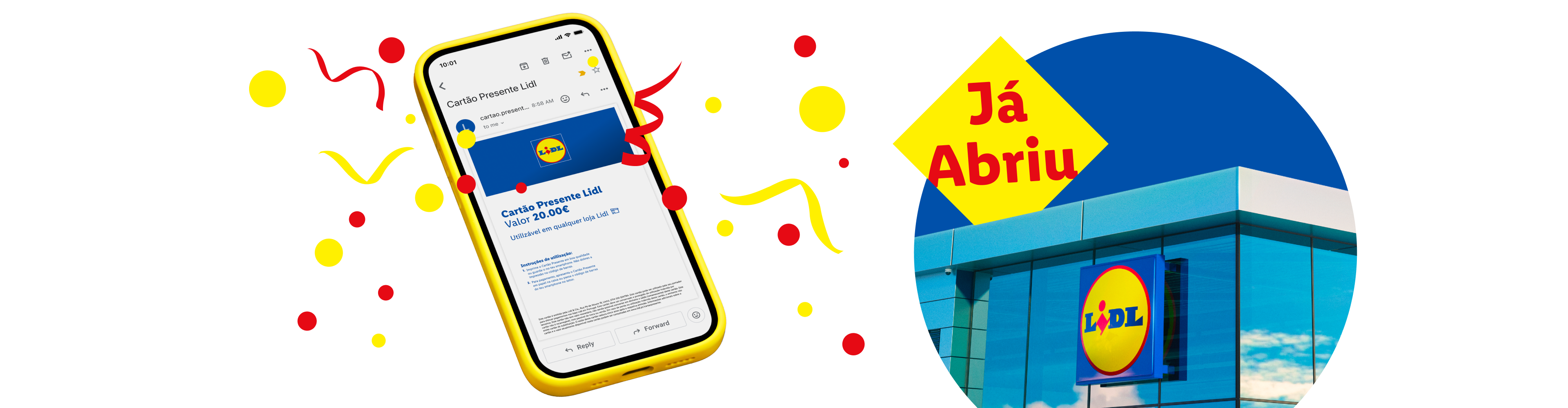 Um telemóvel exibe um cartão presente digital de 20€, com um supermercado ao fundo e confetes.