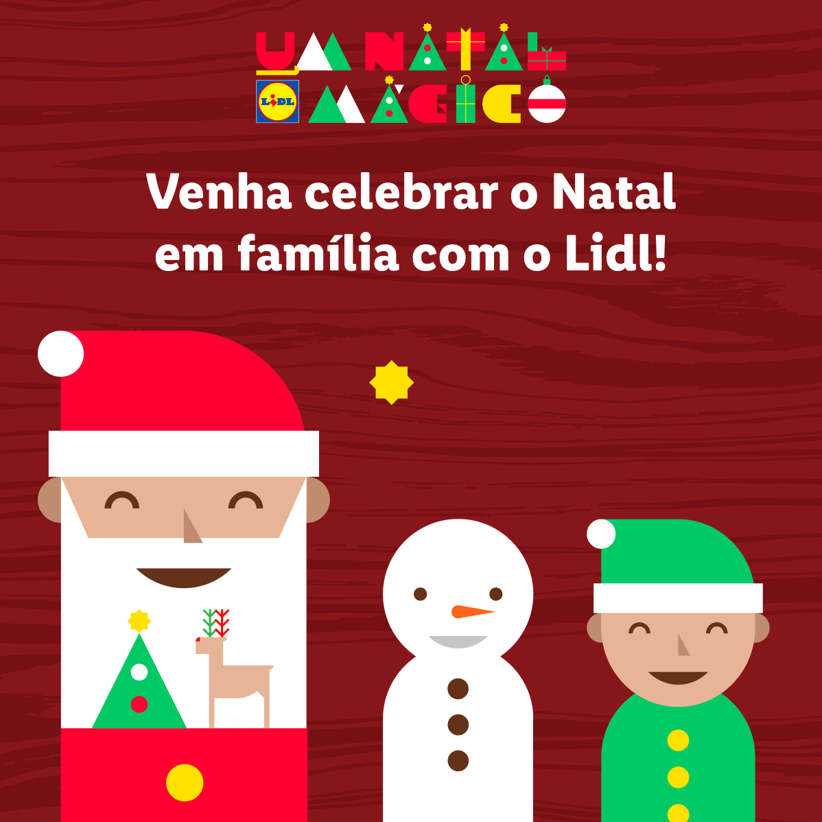 Tema de Natal Lidl: Papai Noel, boneco de neve e duende.