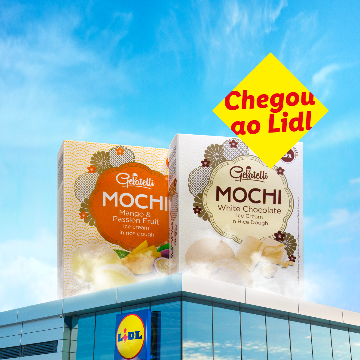Gelatelli Mochi sorvetes de manga e maracujá e chocolate branco em massa de arroz, anunciados no Lidl.