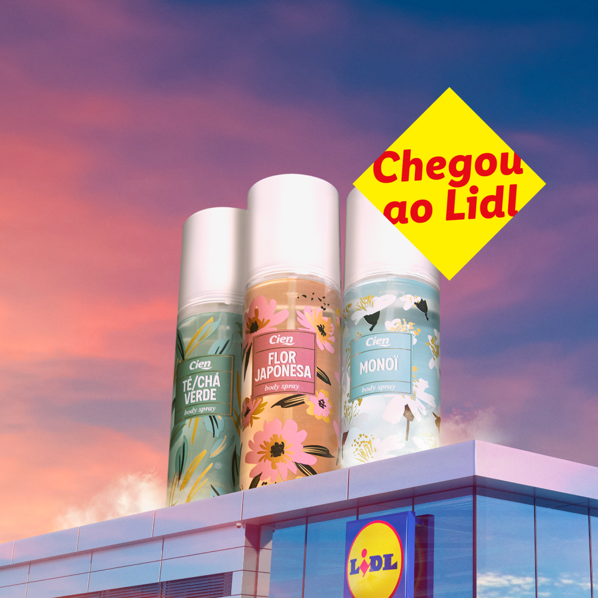 Sprays corporais Cien (chá verde, flor japonesa e monoï) anunciados no Lidl.