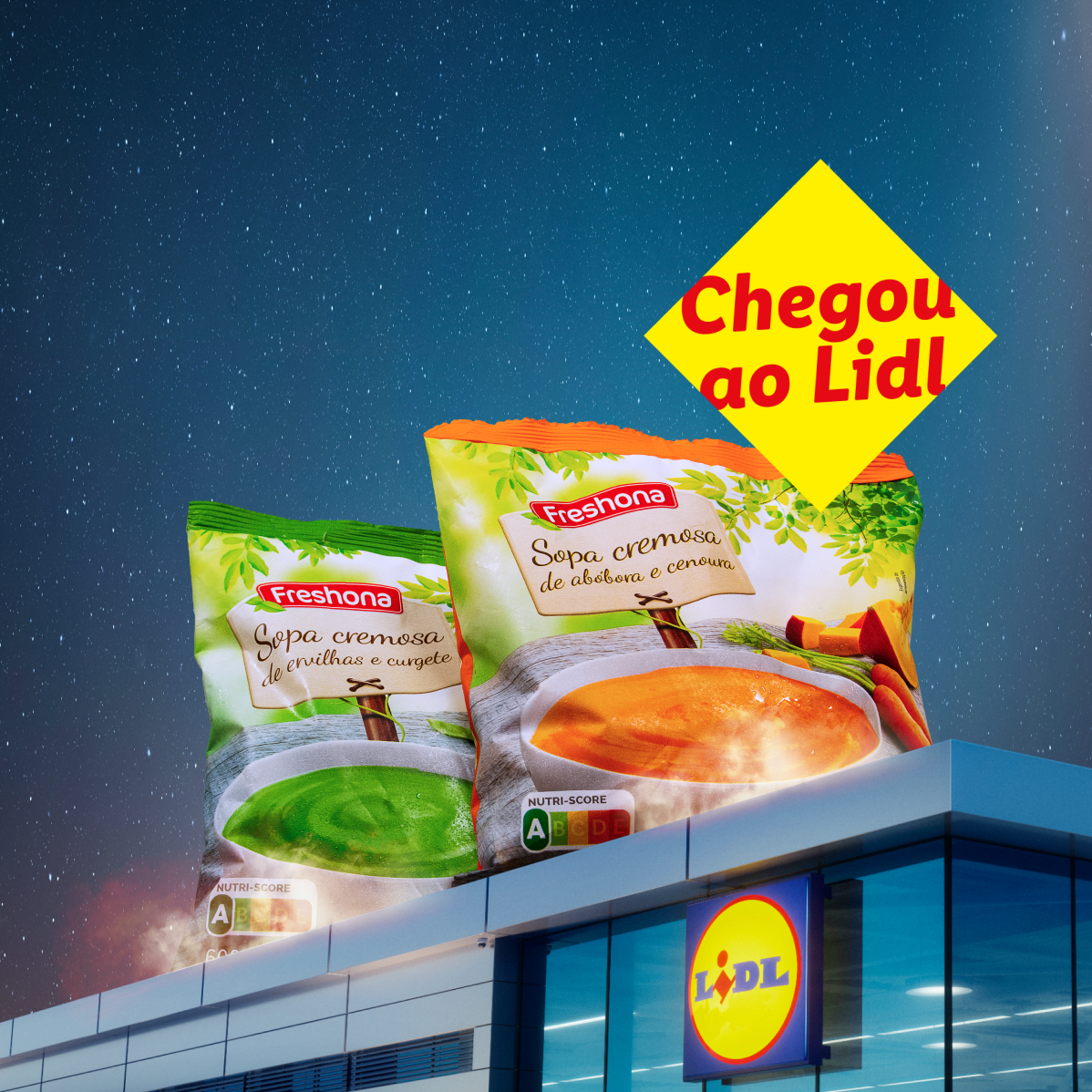 Sopas cremosas Freshoa de abóbora e cenoura e ervilhas e curgete chegaram ao Lidl.