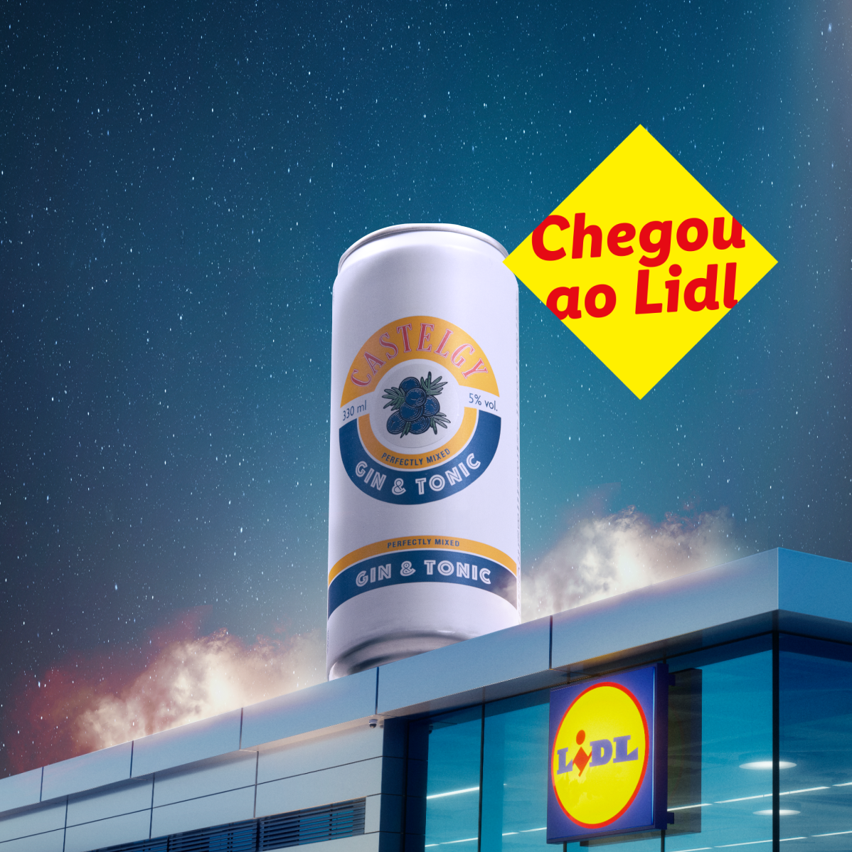Lata gigante de Castelgy Gin & Tonic na fachada de uma loja Lidl.