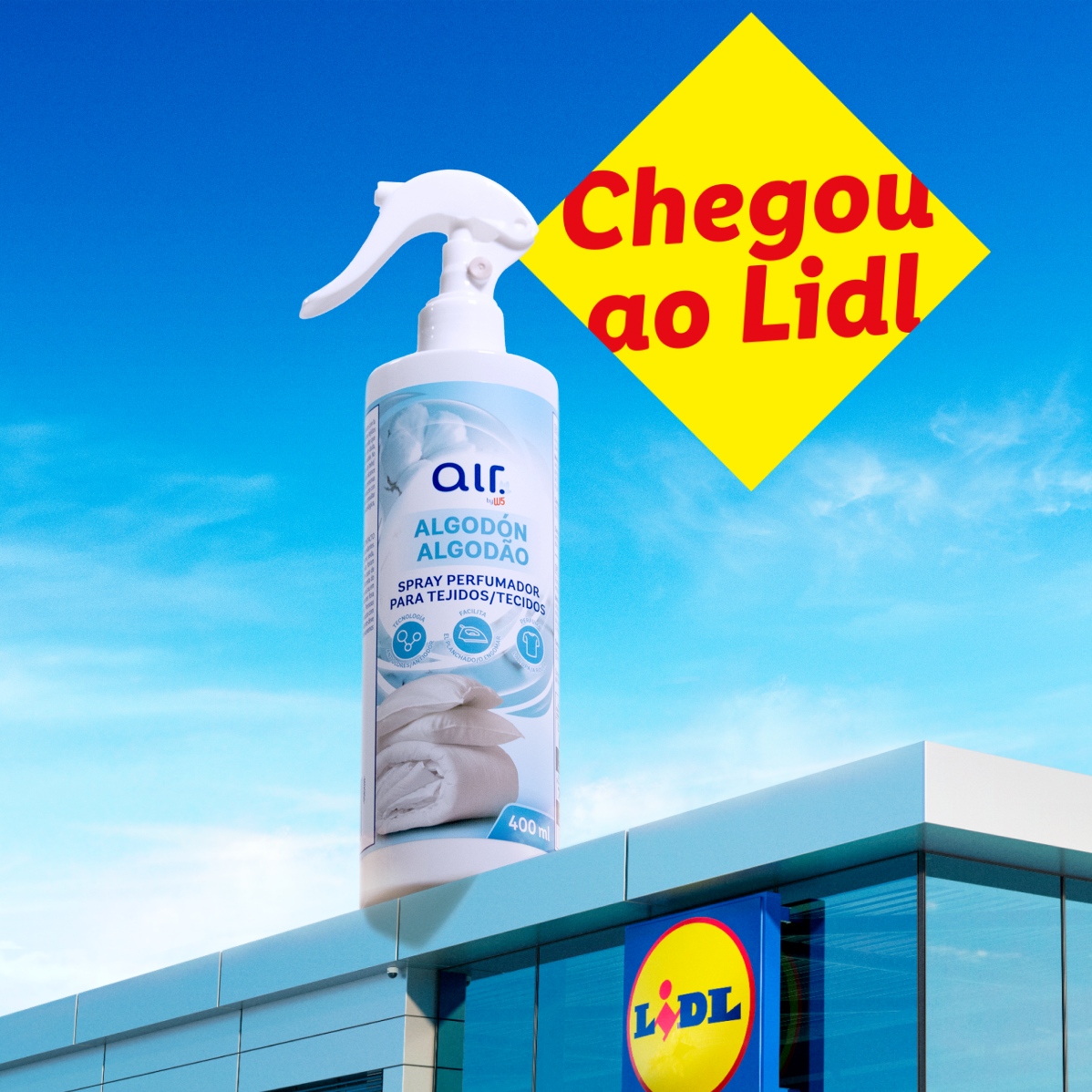 Um spray perfumado de algodão da Air by W5 é anunciado como 'Chegou ao Lidl' sobre uma loja Lidl.