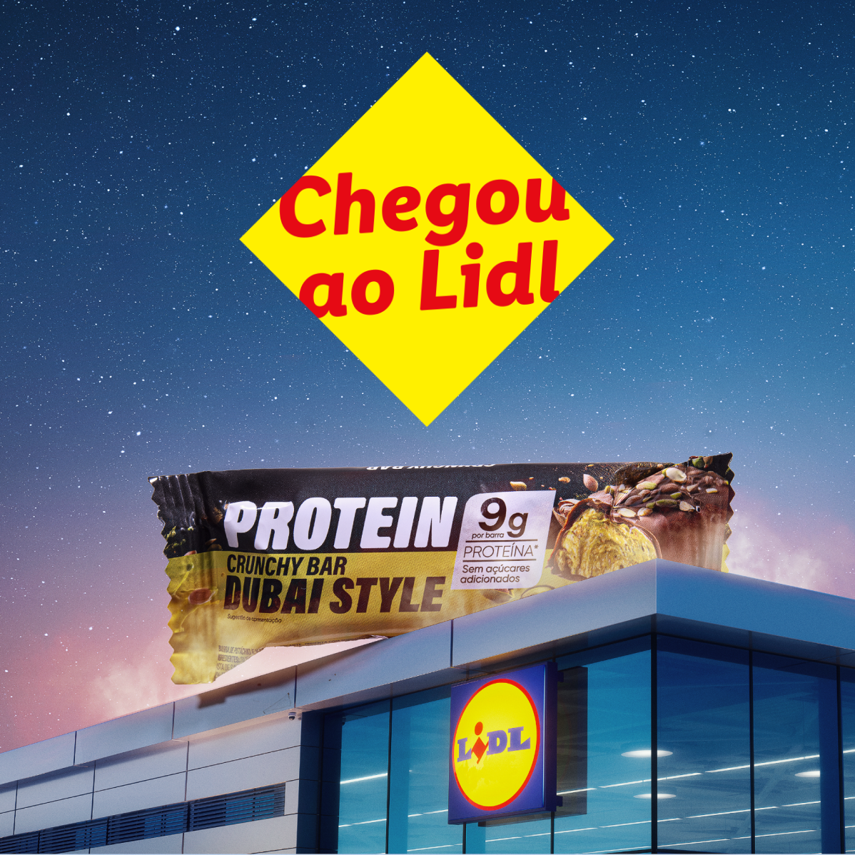 Barra de proteína Dubai Style no Lidl, com a mensagem 'Chegou ao Lidl'.