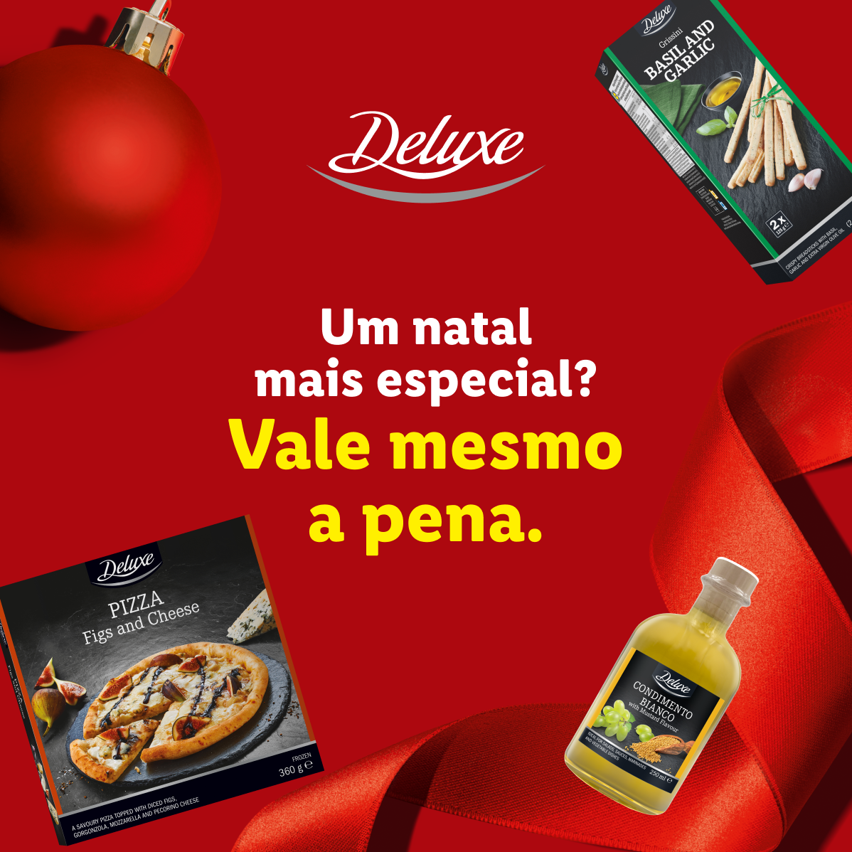 Deluxe: pizza de figos e queijo, grissini de manjericão e alho, e condimento branco, com tema natalício.