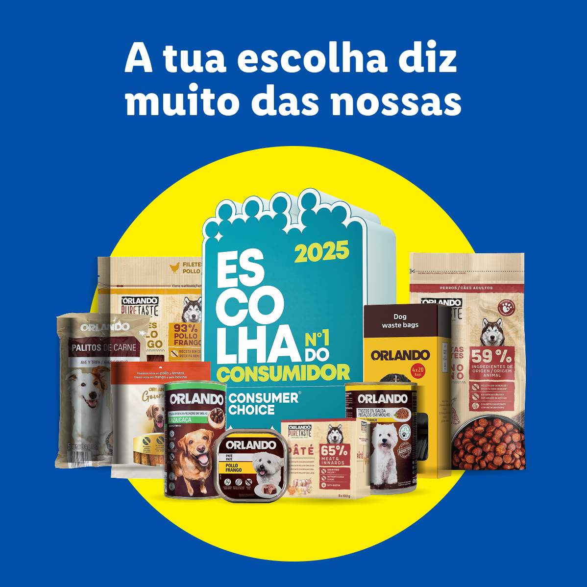 Uma variedade de produtos Orlando para animais de estimação, incluindo ração, patê e snacks, com o selo 'Escolha do Consumidor 2025'.