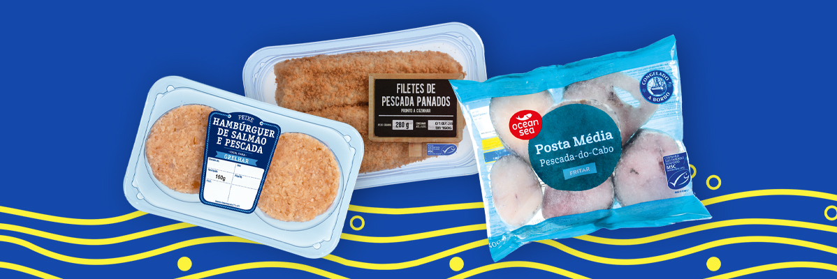 Hambúrgueres de peixe, filetes de peixe panados e pescada congelada Ocean Sea.