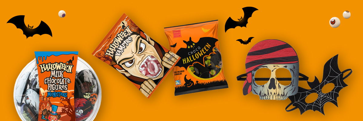 Doces, máscaras e figuras de chocolate de Halloween.