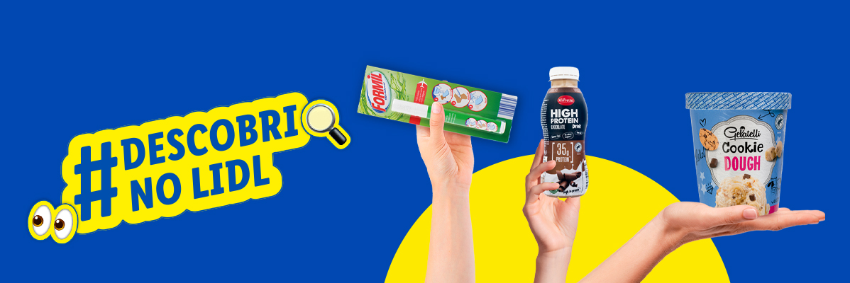 Gelado Gelatelli Cookie Dough, caneta removedora de manchas Formil e bebida proteica Lidl.