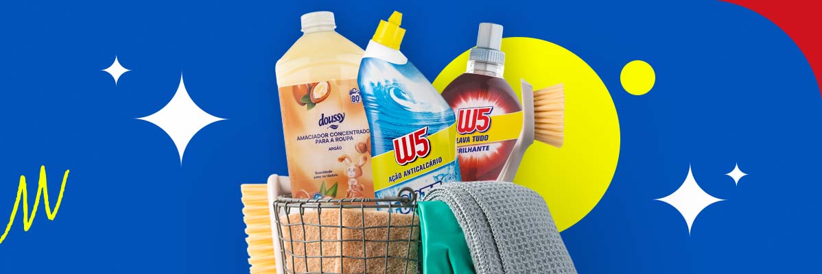 Produtos de limpeza W5, amaciante Doussy e acessórios de limpeza.