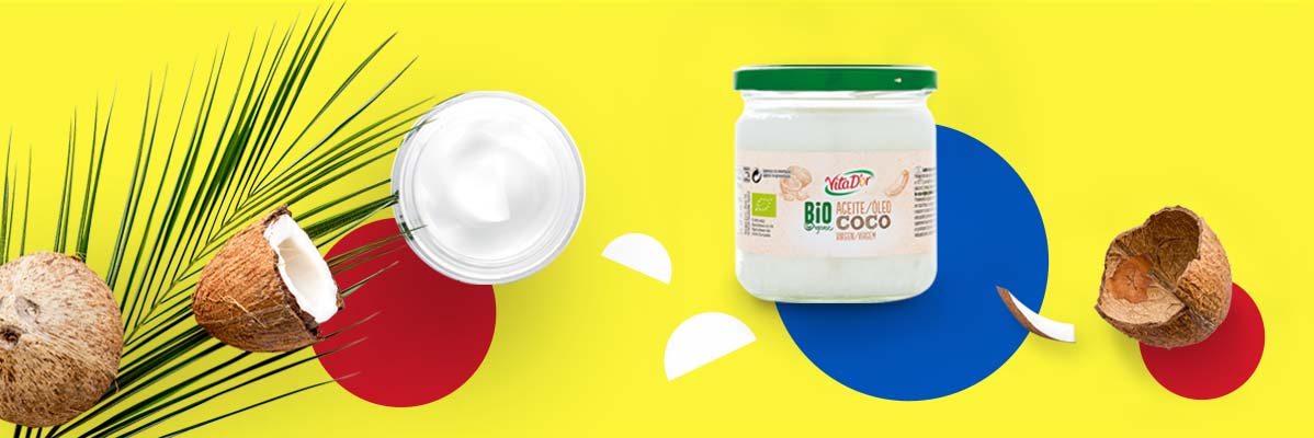 Óleo de coco orgânico Vita D'or, creme de coco e cocos.
