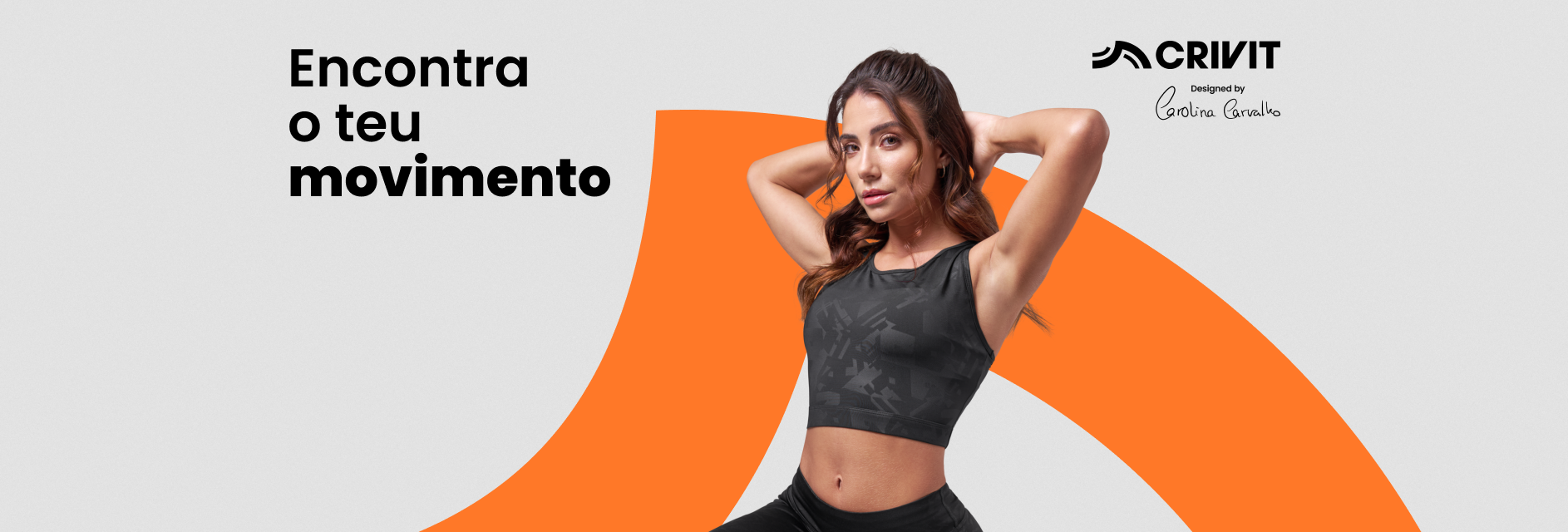 Mulher em roupa de ginástica preta com texto 'Encontra o teu movimento' e logotipo Crivit.