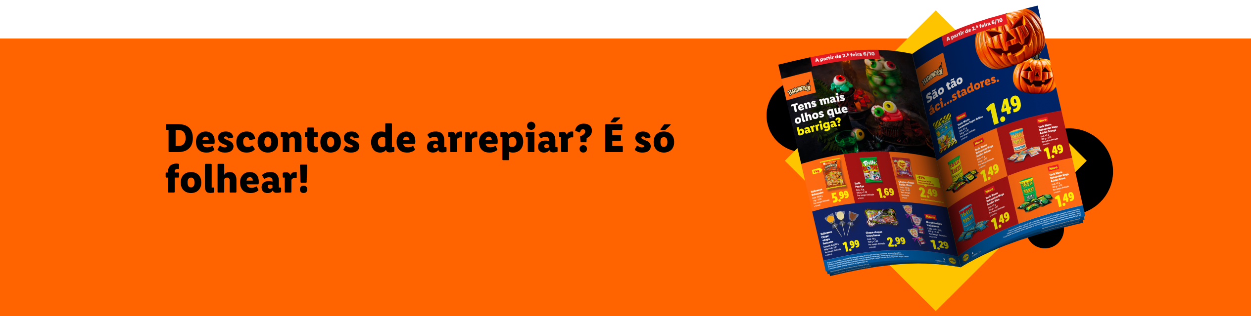 Um folheto de Halloween com doces assustadores e abóboras, anunciando descontos.