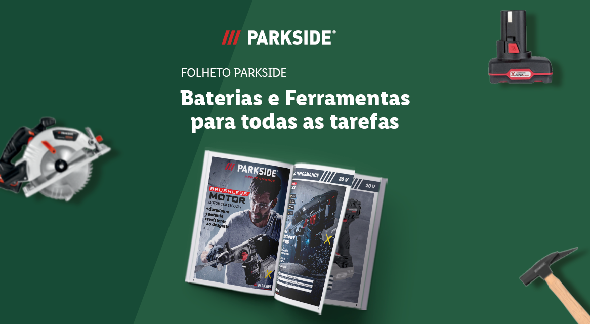 Ferramentas Parkside, baterias e serra circular no catálogo.